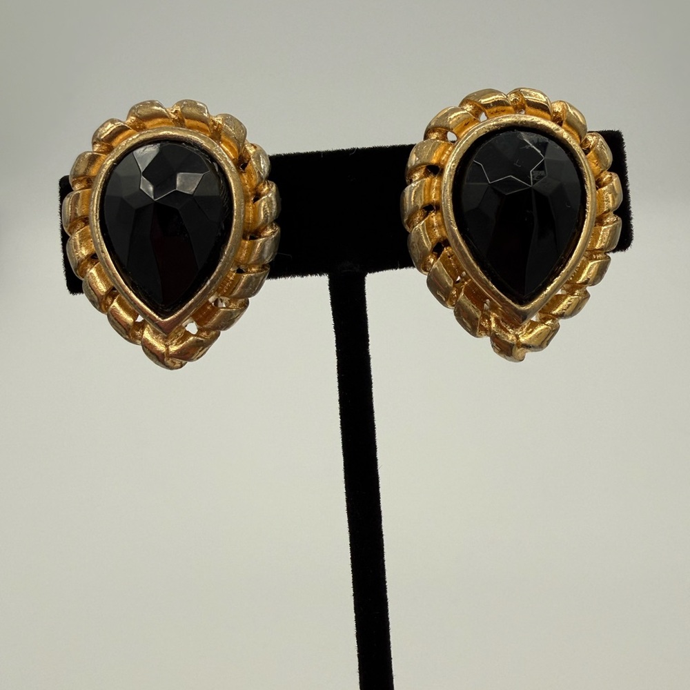 Vintage Givenchy Gold and Black Teardrop Clip-On Earrings